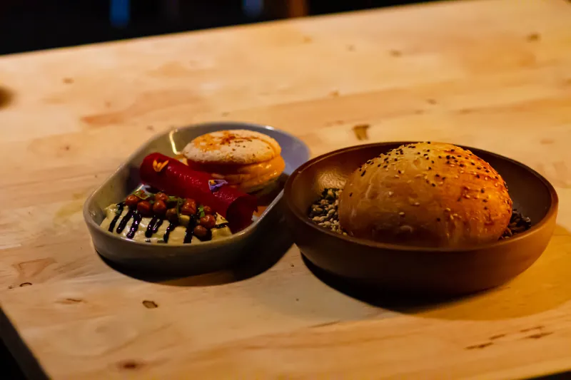 Beetroot cannoli with whipped dip and a sesame and nigella pide bun