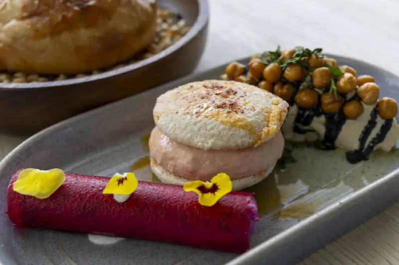 Rakkas entrées - beetroot cannoli, dip macaroon and hummus with crunchy chickpeas - photographed by The Canberra Times